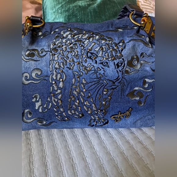 Rare Vintage Sharif Large Embroidered Denim Leather Jaguar Studded Shoulder Bag - Picture 2 of 14